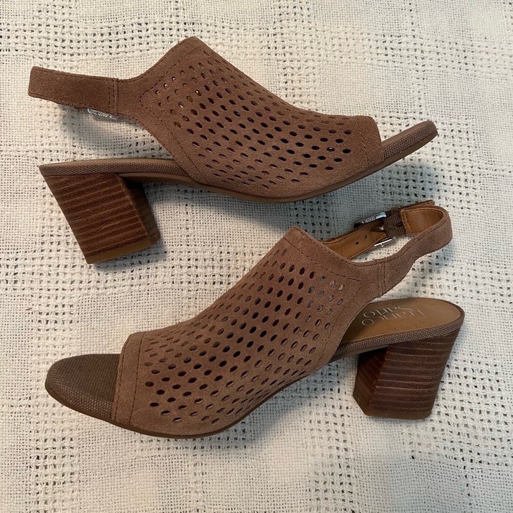 Franco Sarto suede open toe sling back. Block heel.
